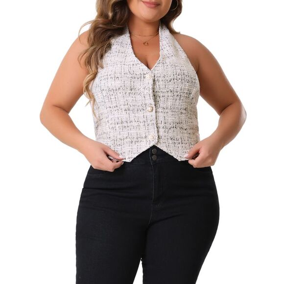 Plus Size Vintage Halter Button Down Tweed Suit Blazers Vests White - Picture 2 of 6